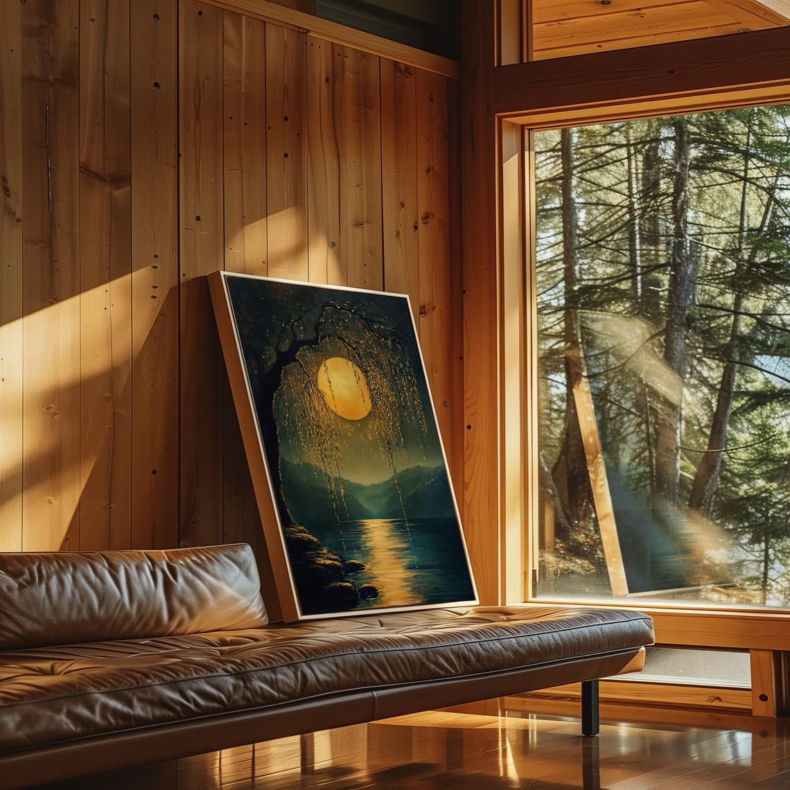 Golden Full Moon Behind Willow Tree Over Quiet Lake Night Poster - Image 4