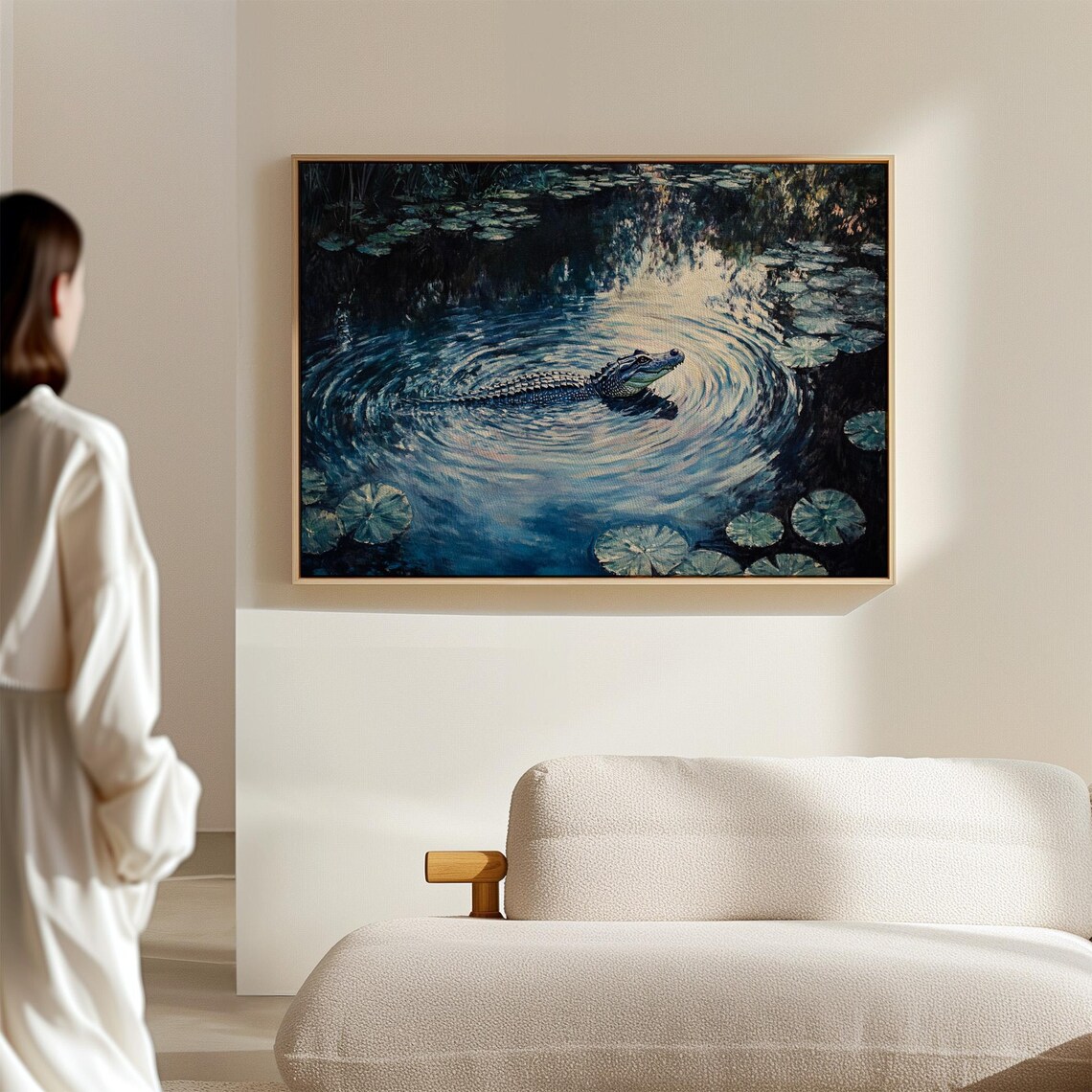 Alligator Swimming in Moonlit Lily Pond Dark Blue Swamp Poster - Image 7