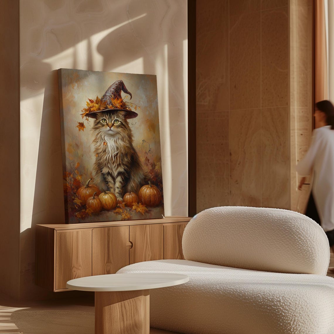 Fluffy Cat in Witch Hat with Pumpkins Autumn Fall Halloween Art Poster - Image 3