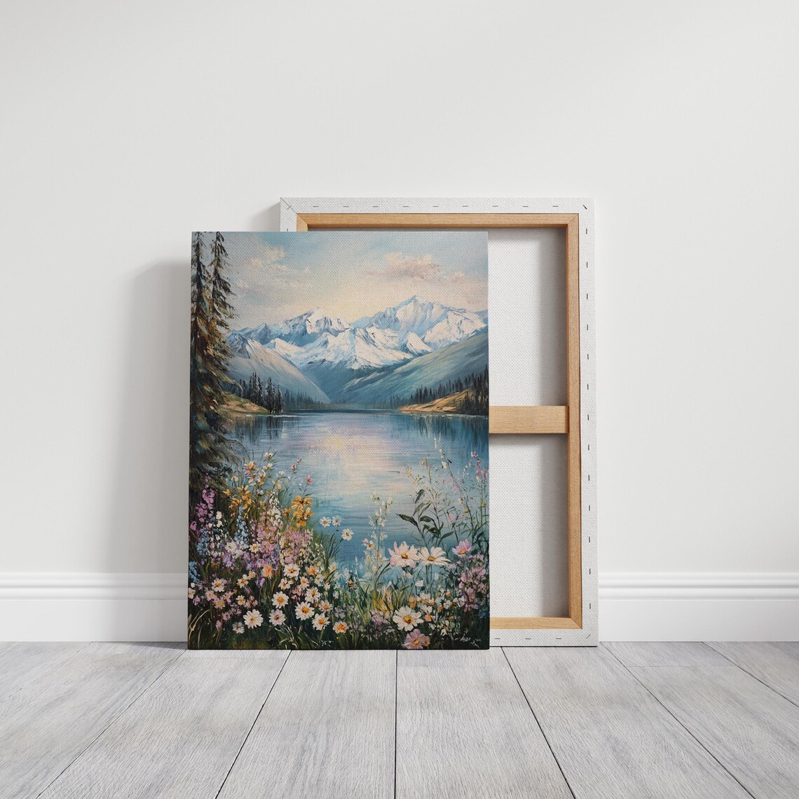 Snowy Mountain Lake With Wildflowers Serene Alpine Scene Wall Art - Image 3
