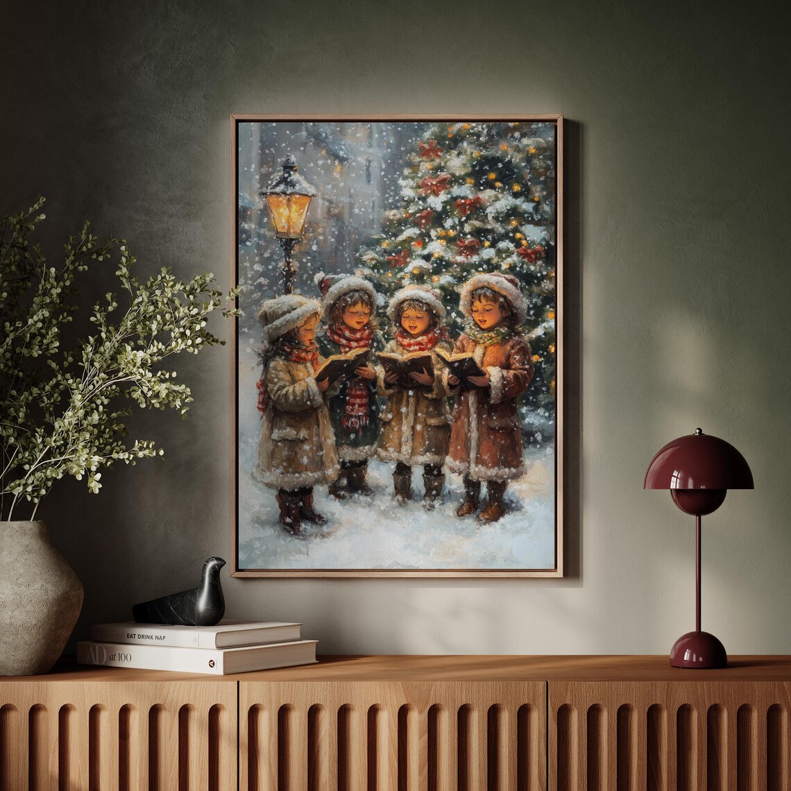 Christmas Carolers Singing Snowy Village Night Vintage Poster