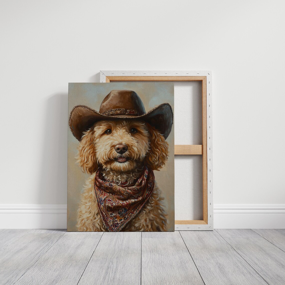 Goldendoodle Dog in Cowboy Hat and Paisley Bandana Portrait Poster - Image 3