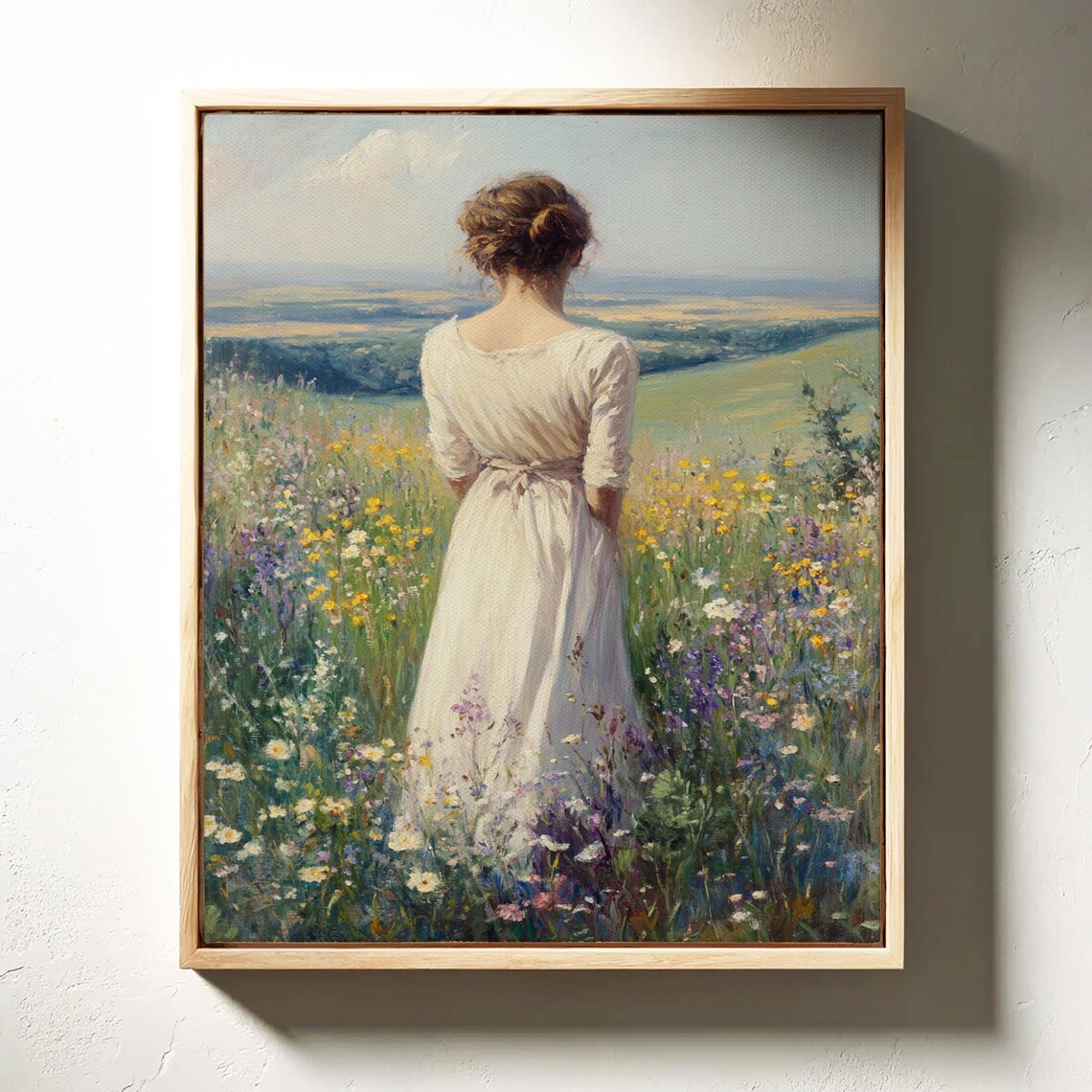 Woman In Cream Dress Standing In Wildflower Field Scenic View Poster - Image 5