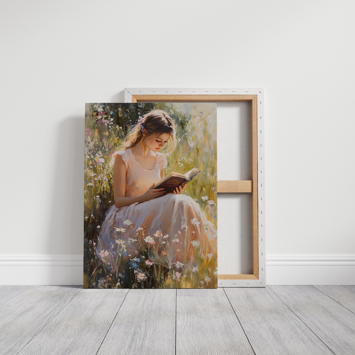 Girl Reading in Wildflower Field Pink Dress Romantic Book Art Print - Image 3
