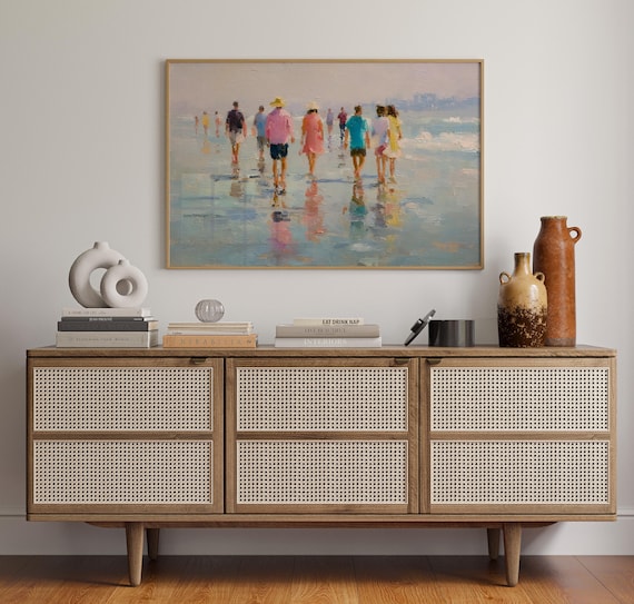 Beach Walk Impressionist People Strolling Shore Oil Painting Wall Art