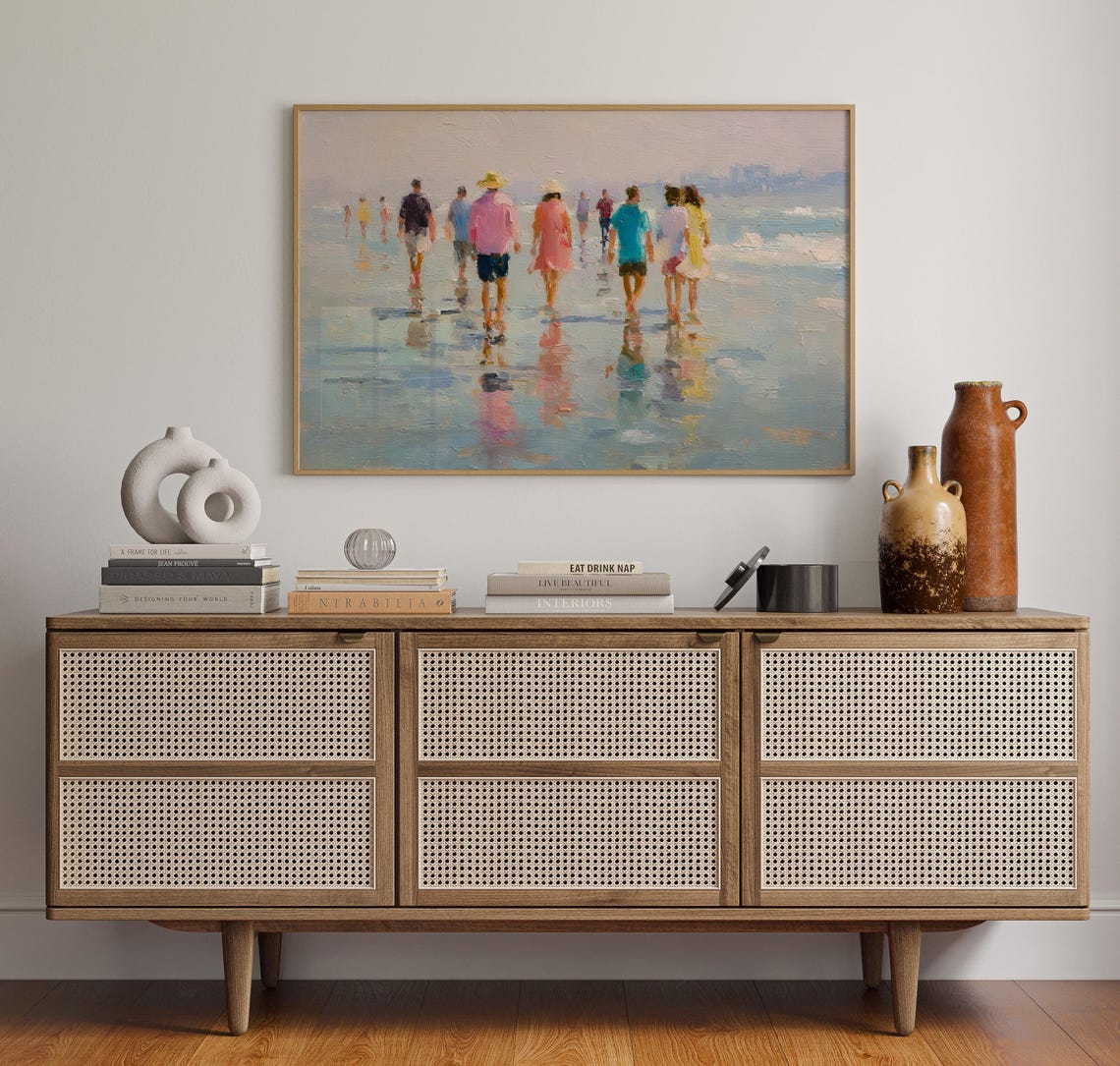 Beach Walk Impressionist People Strolling Shore Oil Painting Wall Art