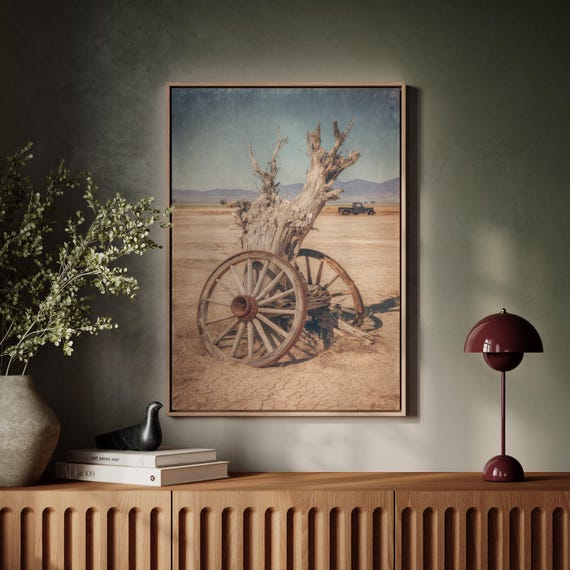 Rustic Wagon Wheel Canvas Wall Art Vintage Western Desert Photography Print Old Truck Dry Landscape Country Farmhouse Decor