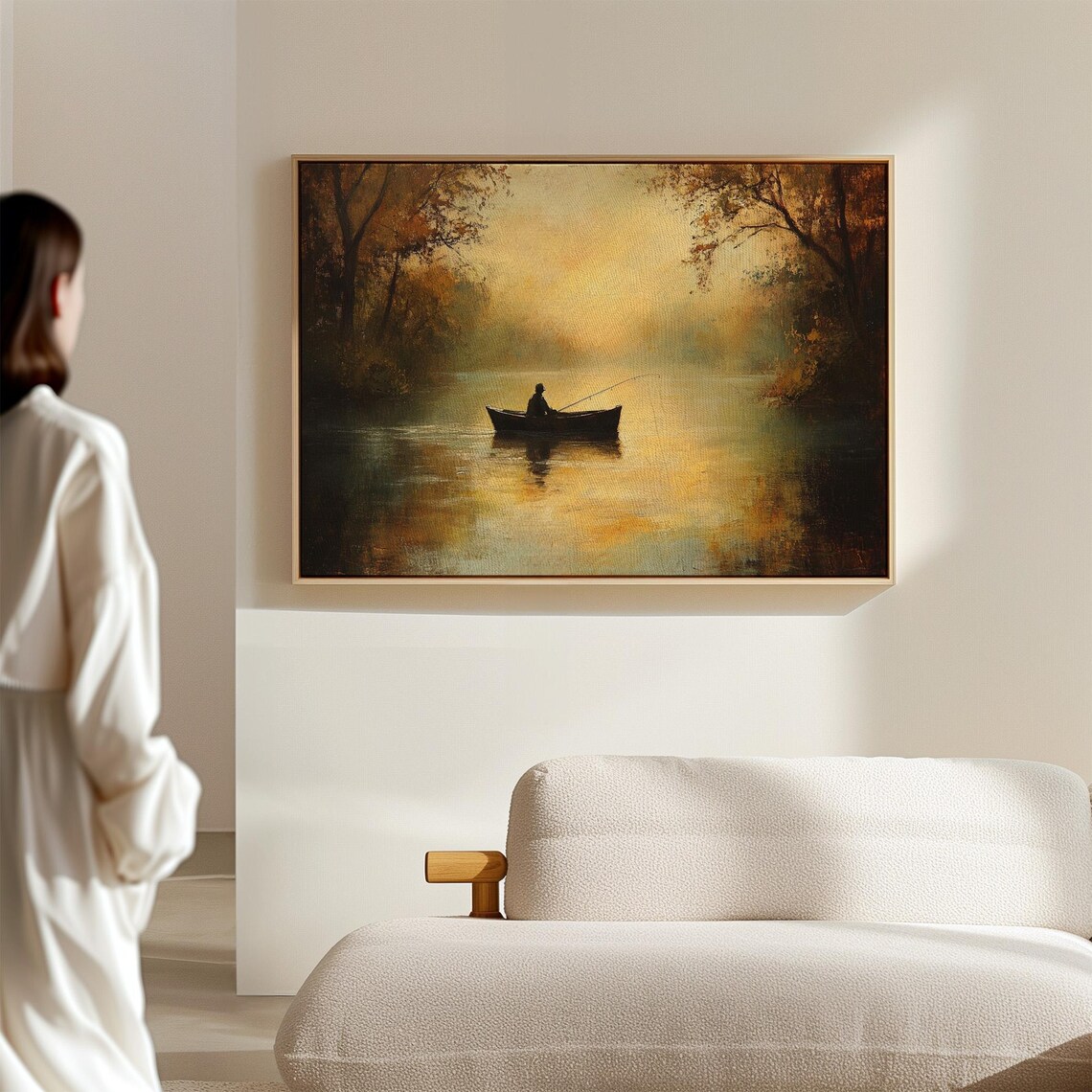 Fisherman in a Boat on an Autumn Lake with Sun Rays Tranquil Poster - Image 7