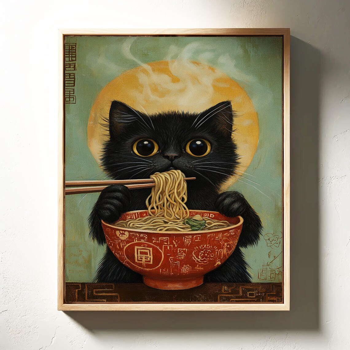 Black Cat Enjoying Ramen, Whimsical Kitchen Decor