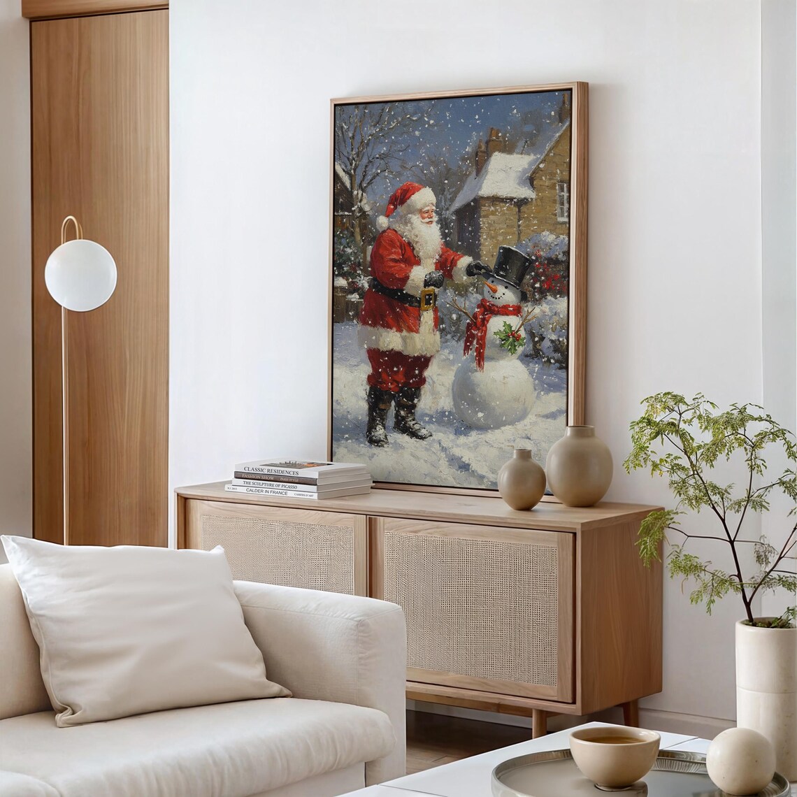 Santa Claus Placing Hat On Snowman Holly Snow Scene Vintage Poster - Image 5