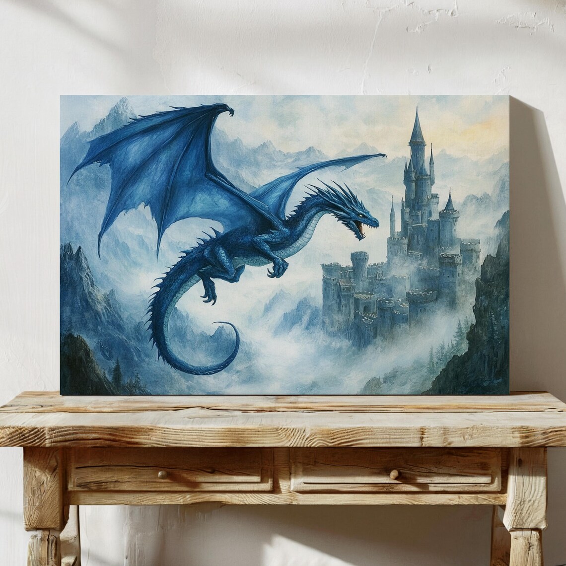 Epic Blue Dragon, Mystical Fantasy Castle Scene - Image 5
