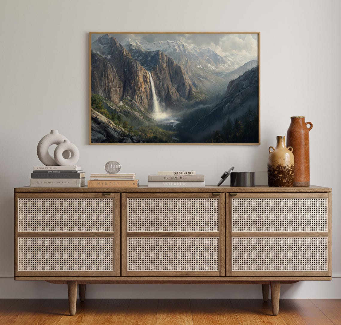 Snowy Mountain Waterfall In Misty Valley Nature Painting Poster - Image 5
