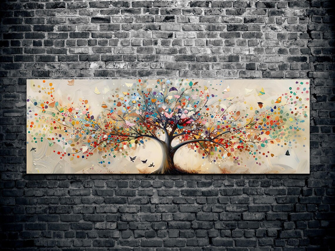Colorful Tree of Life Confetti Leaves Birds Panoramic Art Poster - Image 2