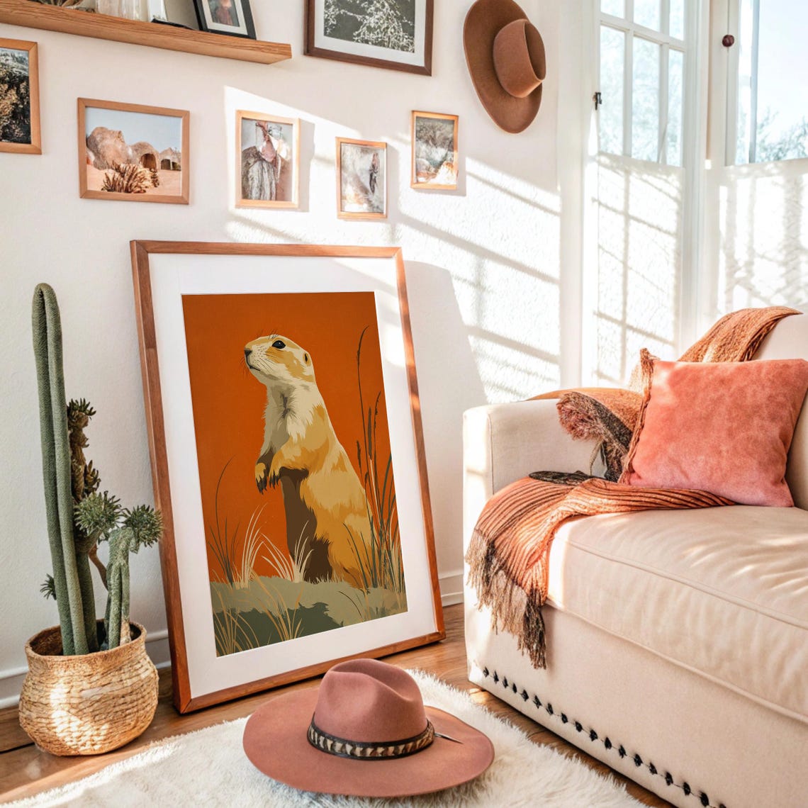 Prairie Dog Standing Tall Orange Background Wildlife Art Poster