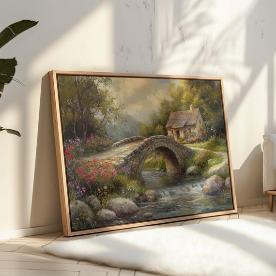 Stone Bridge Over Stream With Cottage Oil Painting Canvas Wall Art Vintage Landscape Country Home Decor Rustic Nature Poster