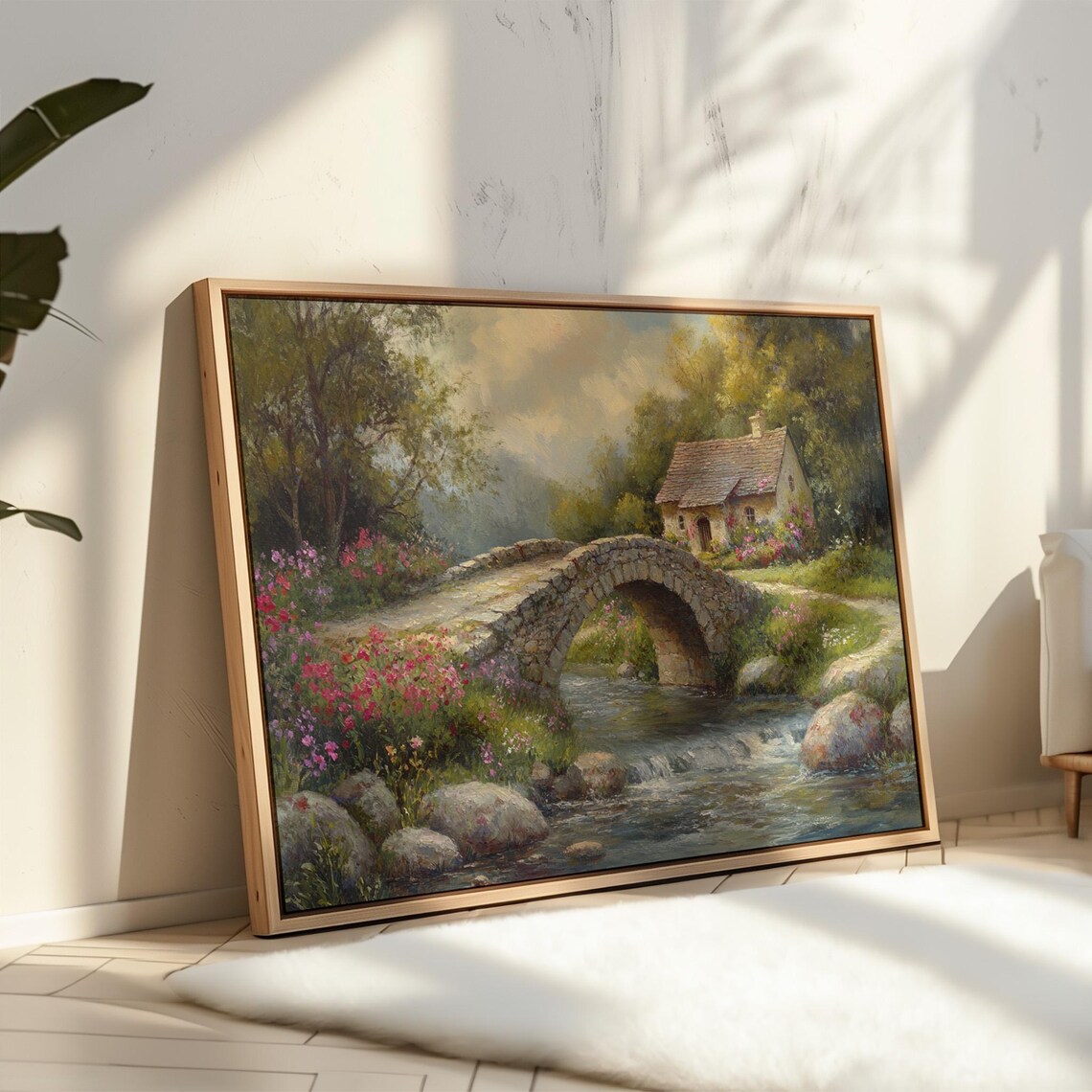Stone Bridge Over Stream With Cottage Vintage Landscape Poster