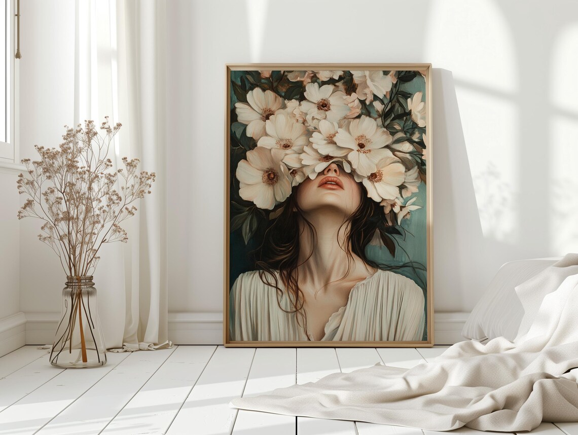 White Floral Woman Portrait Elegant Vintage Bloom Art Poster