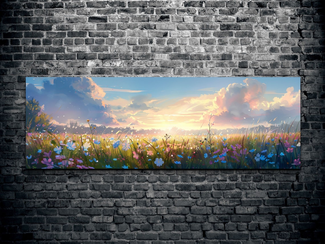 Wildflower Meadow at Golden Sunset Pastel Sky Panoramic Poster - Image 2