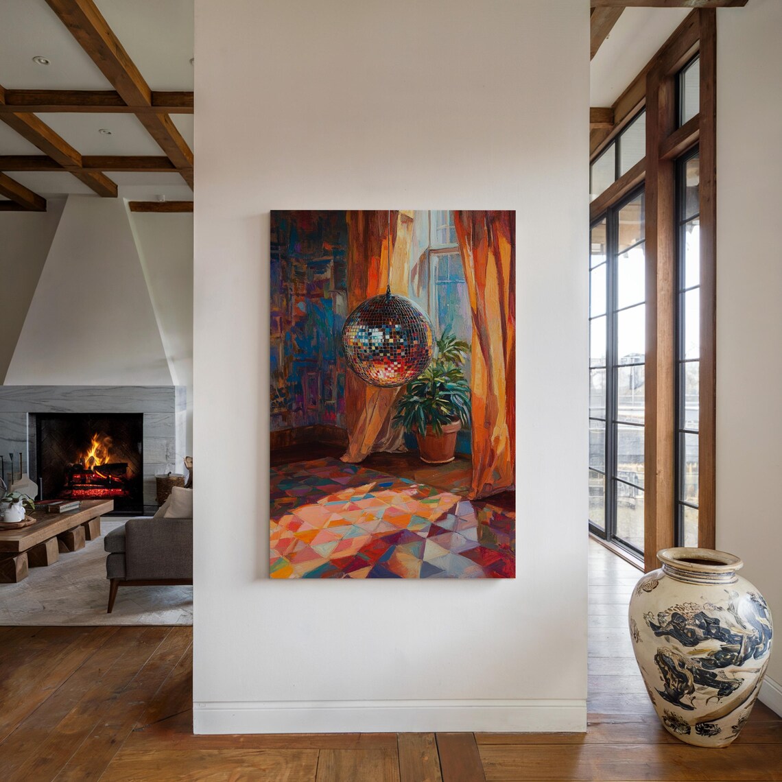 Disco Ball Hanging in a Sunlit Room With Colorful Mosaic Floor Poster - Image 4