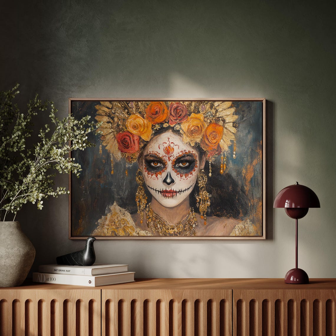 Dia De Los Muertos Rose Crown Sugar Skull Cultural Portrait Poster - Image 3