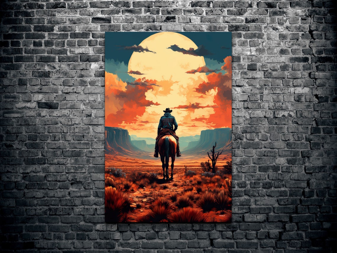 Cowboy Riding Toward Giant Moon Through Desert Canyon Art Poster - Image 2