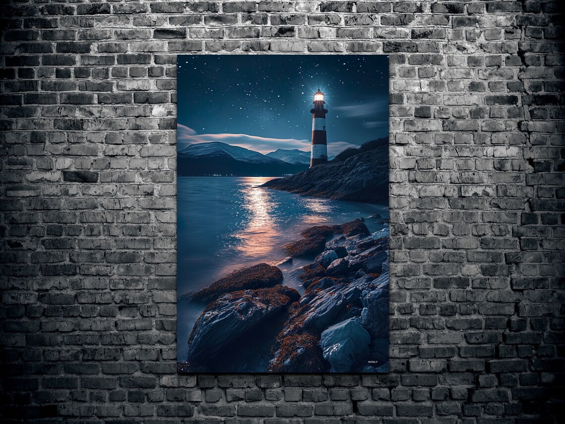 Lighthouse At Night Starry Sky Rocky Coast Ocean Beacon Wall Art - Image 2