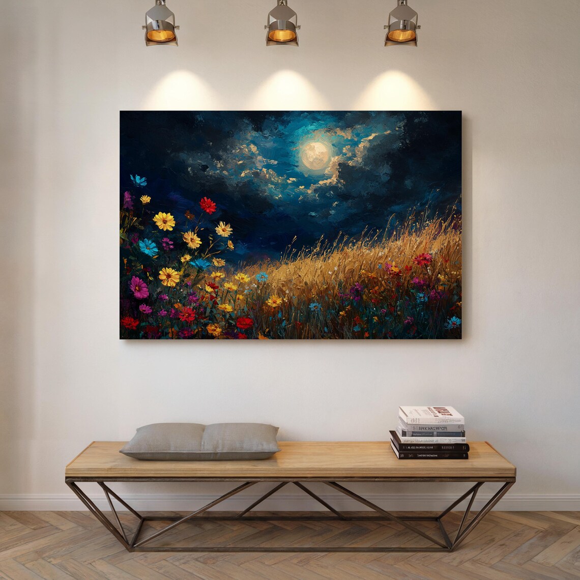 Moonlit Wildflower Meadow Night Sky Full Moon Colorful Oil Poster - Image 6