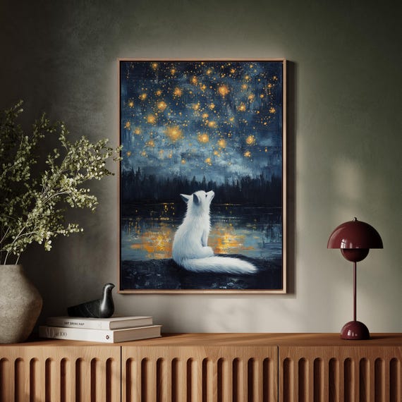 Mystical White Fox Under Golden Stars Art Print