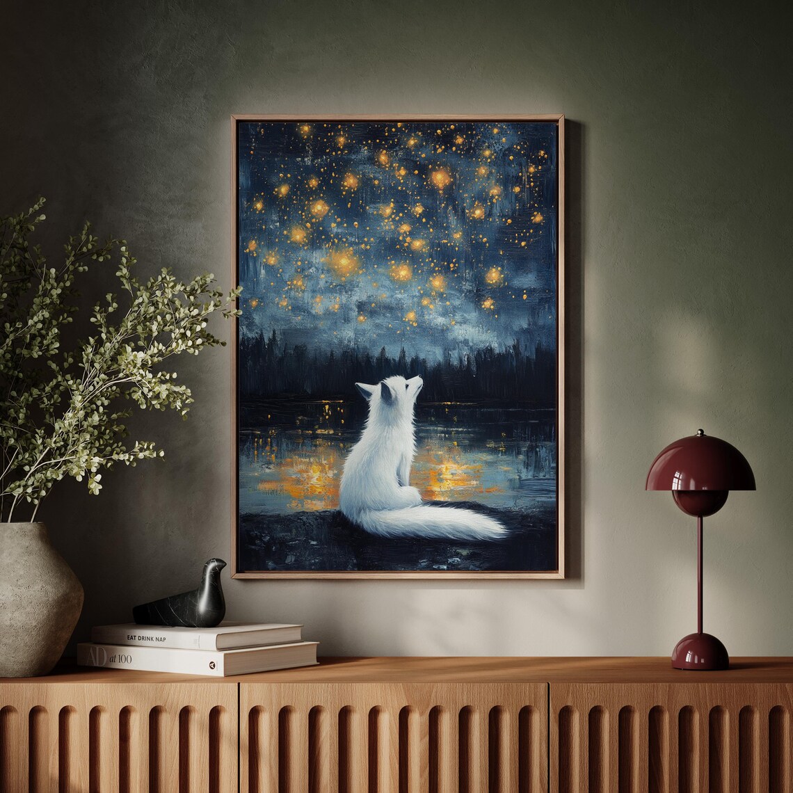 Mystical White Fox Under Golden Stars Art Print