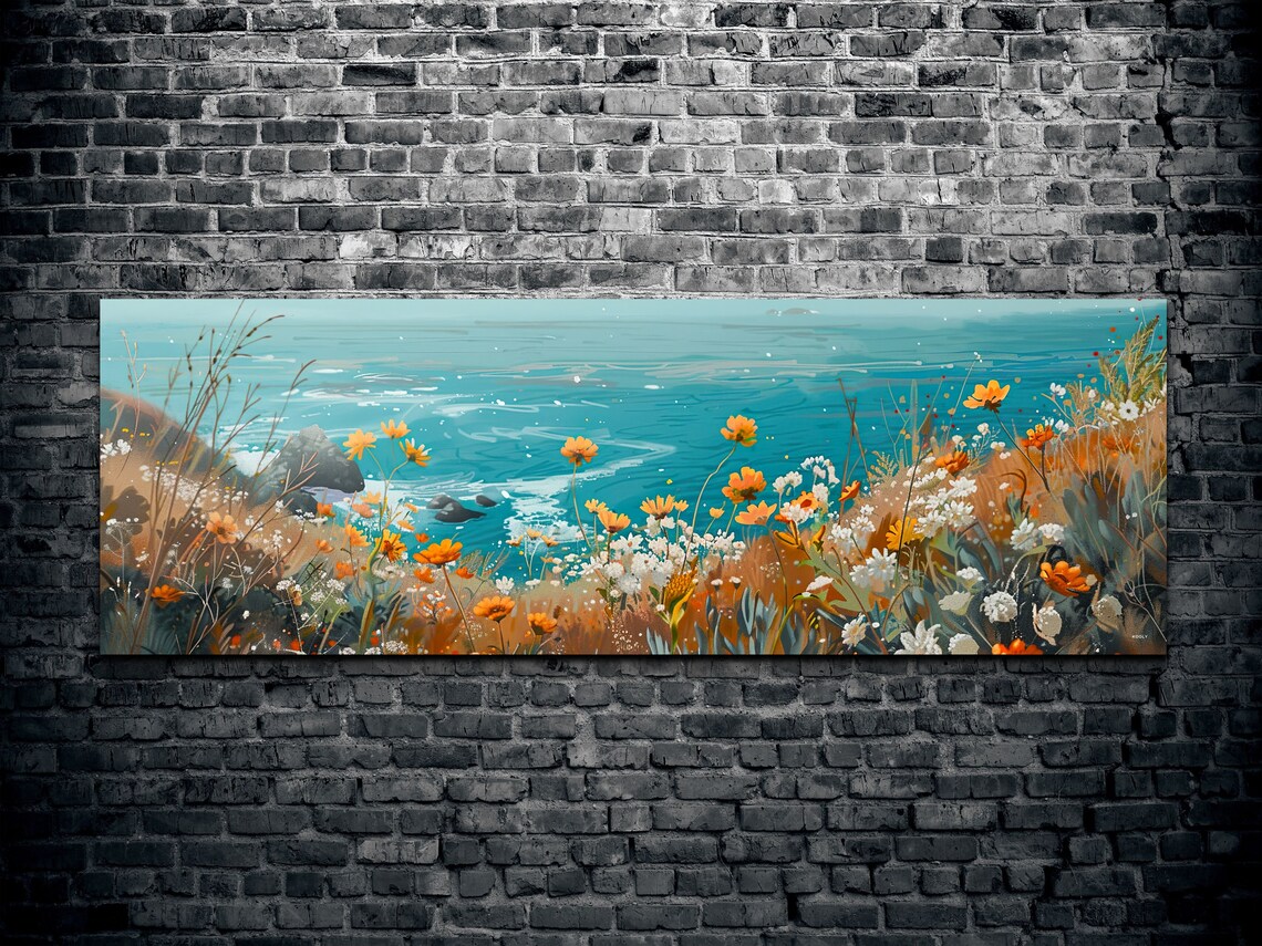 Coastal Wildflowers Overlooking Turquoise Sea and Rocks Panoramic Poster - Image 2