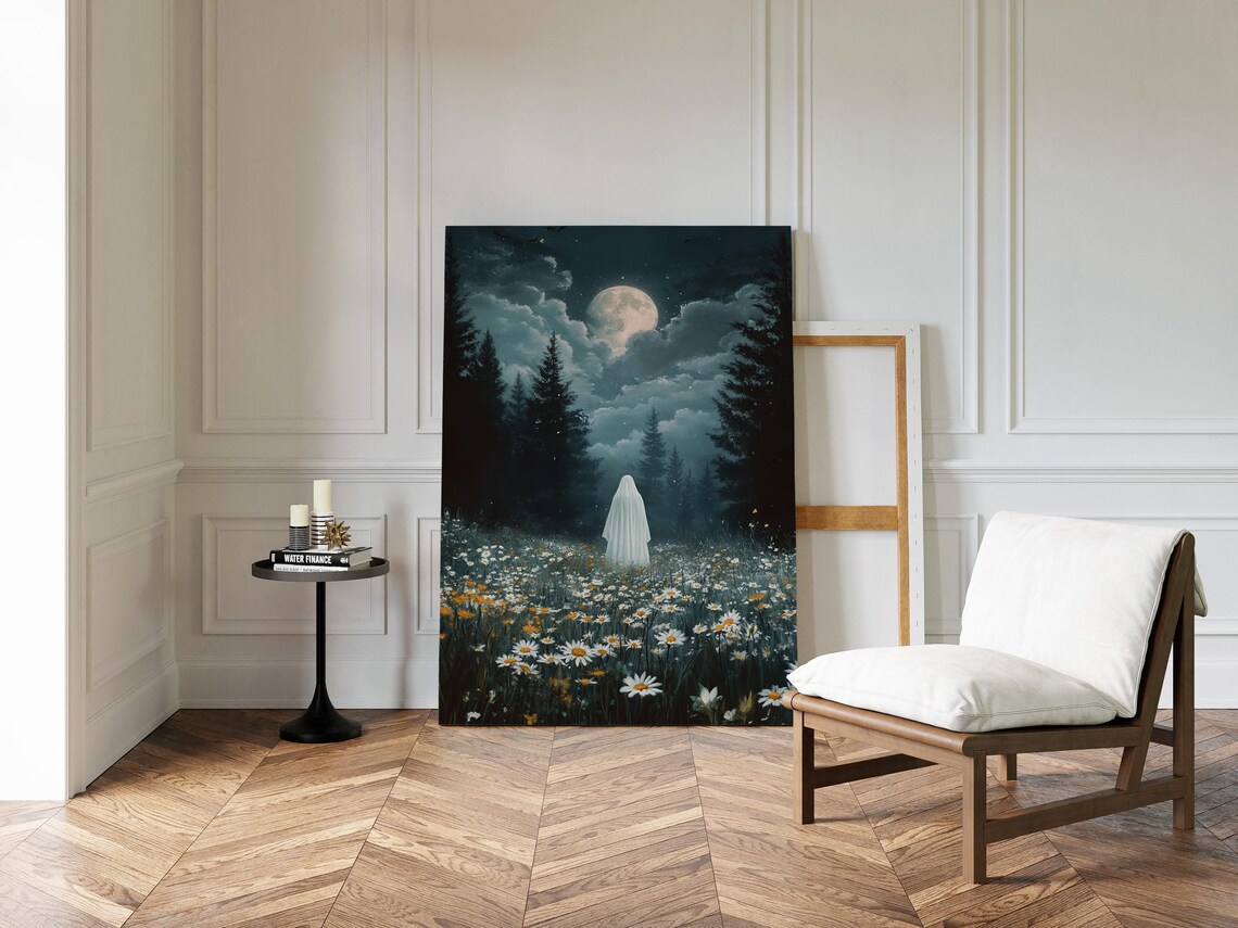 Ghost In Moonlit Daisy Field Night Forest Full Moon Mystical Haunt Poster - Image 4