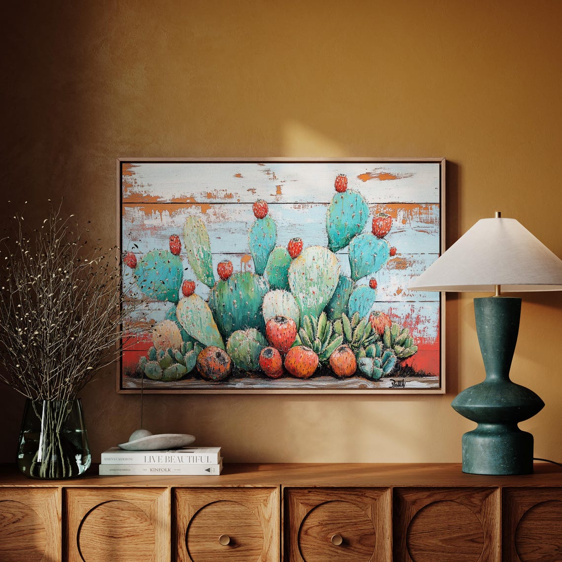 Prickly Pear Cactus With Red Fruit Rustic Desert Botanical Poster