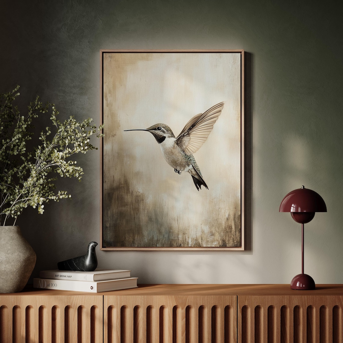 Neutral Hummingbird Art Print, Minimalist Bird Decor