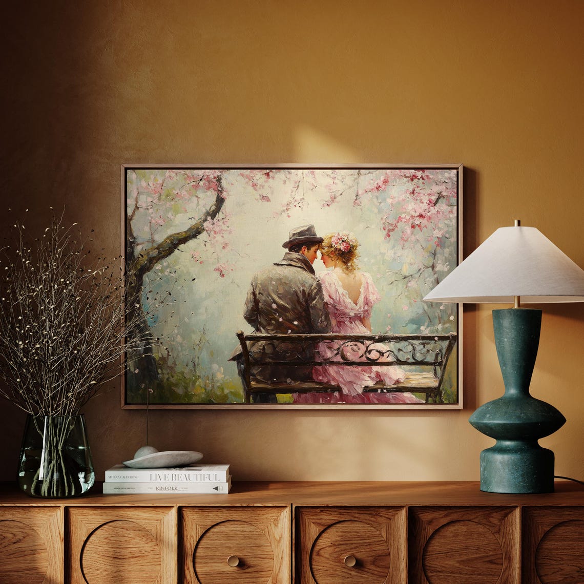 Vintage Couple On Bench Under Cherry Blossom Tree Romance Wall Art - Image 4