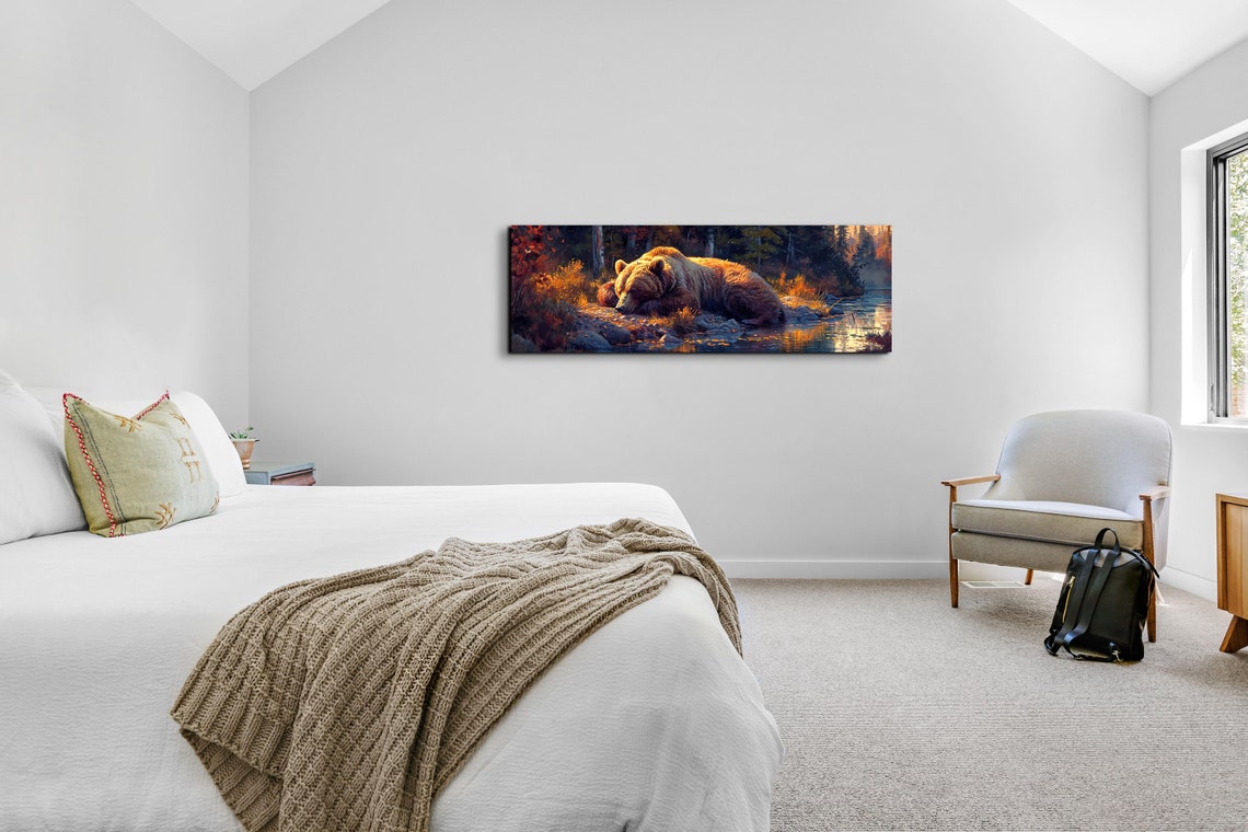 Sleeping Brown Bear by Autumn River in Golden Light Wall Art - Image 7