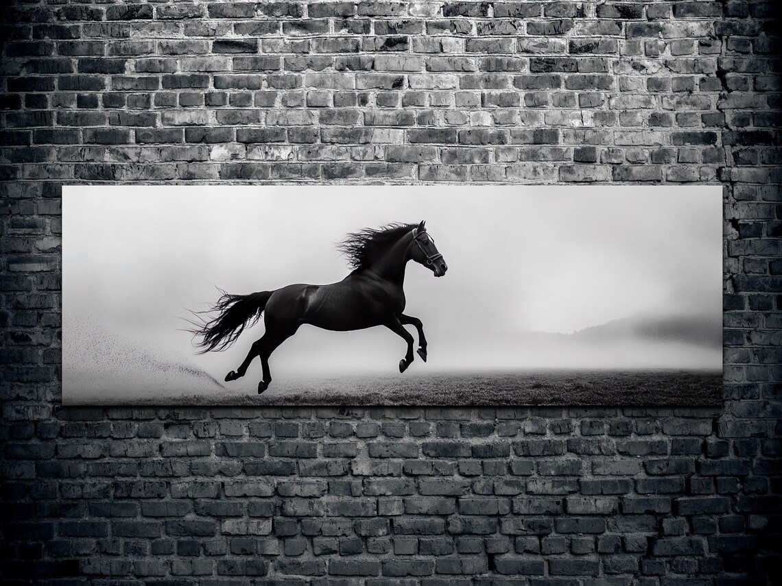 Black Horse Galloping Monochrome Misty Field Dramatic Art Poster - Image 2
