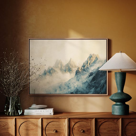 Misty Mountain Landscape Serene Nature Wall Art Neutral Toned Mountain Print Foggy Peak Artwork Tranquil Home Decor