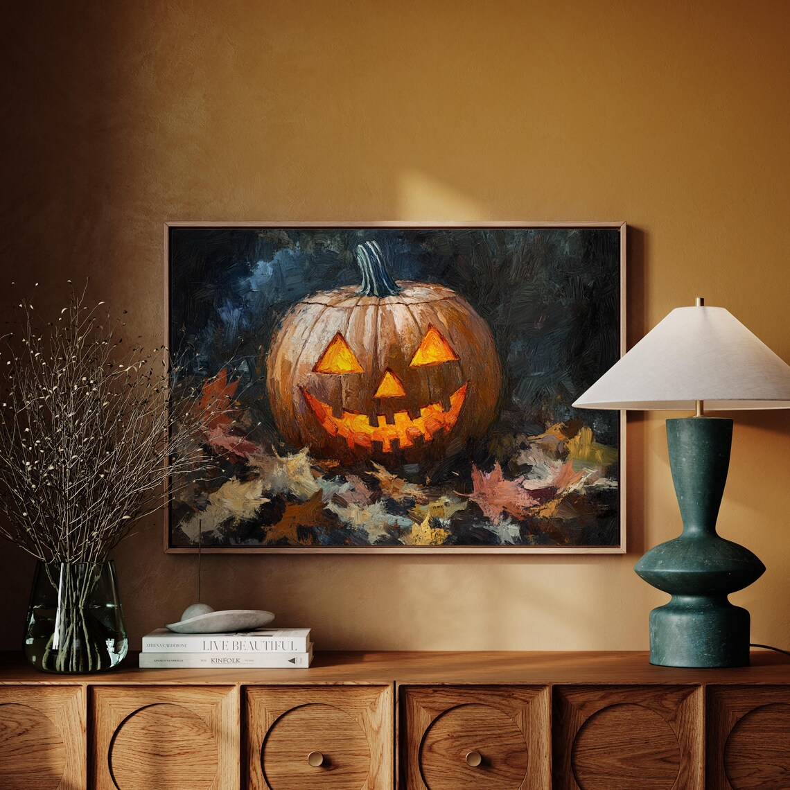 Glowing Jack O Lantern Among Autumn Leaves Dark Halloween Painting Poster - Image 7