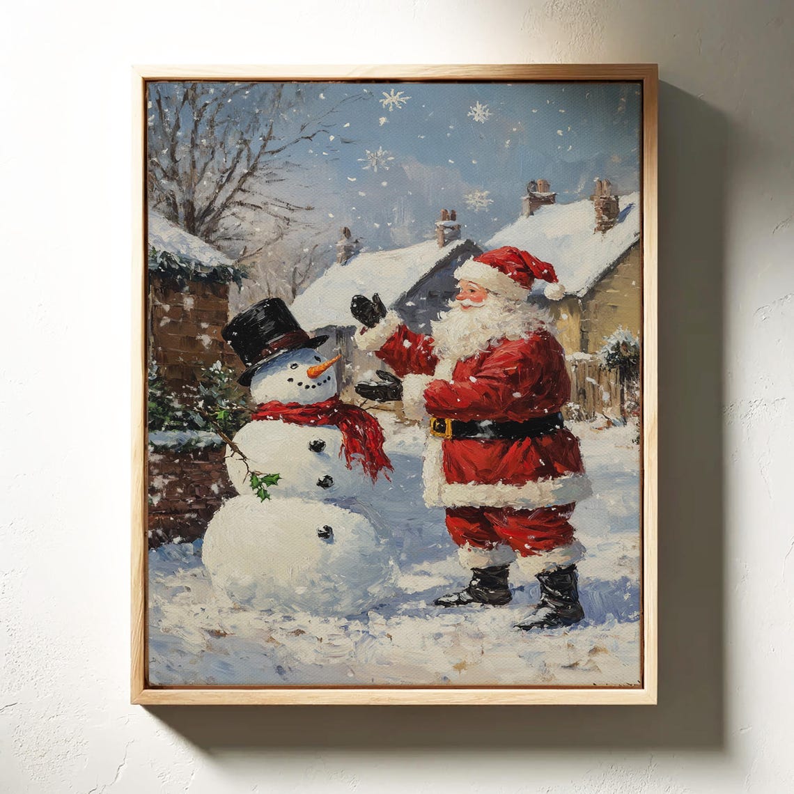 Vintage Santa Claus And Snowman Oil Painting Christmas Holiday Wall Art Cozy Winter Wonderland Scene For Festive Home Decor - Image 3