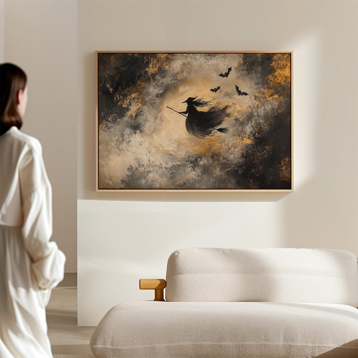 Halloween Witch Silhouette Flying Broomstick Full Moon Bats Poster - Image 7