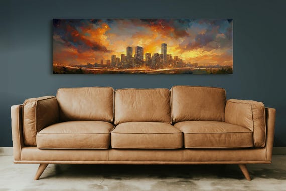 City Skyline At Sunset Urban Sunset Wall Art Dramatic Cityscape Print Modern Skyline Painting Vibrant City Lights Decor