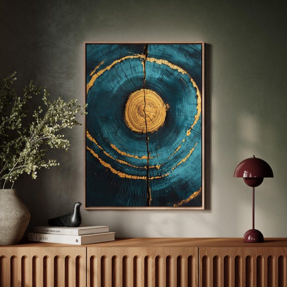 Teal And Gold Tree Ring Wall Art Nature Inspired Textured Print Rustic Modern Decor Unique Wood Grain Artwork For Contemporary Homes