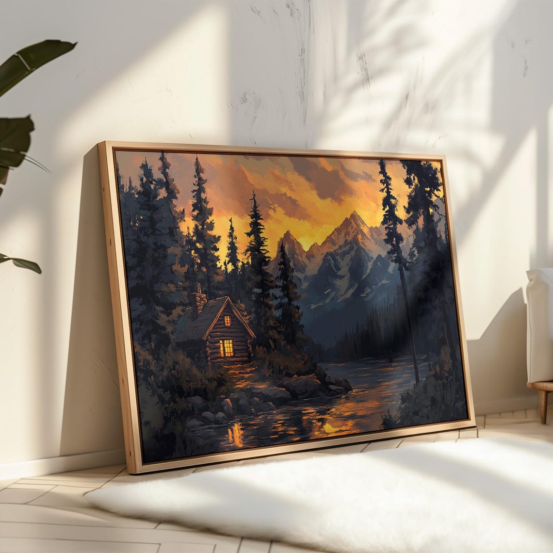 Cozy Cabin Sunset Mountain Lake Wall Art Rustic Lodge Decor Wilderness Nature Print Glowing Sunset Landscape Painting - Image 5