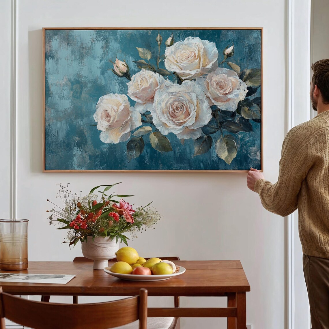 Elegant Cream Roses Teal Blue Vintage Floral Bouquet Wall Art - Image 4