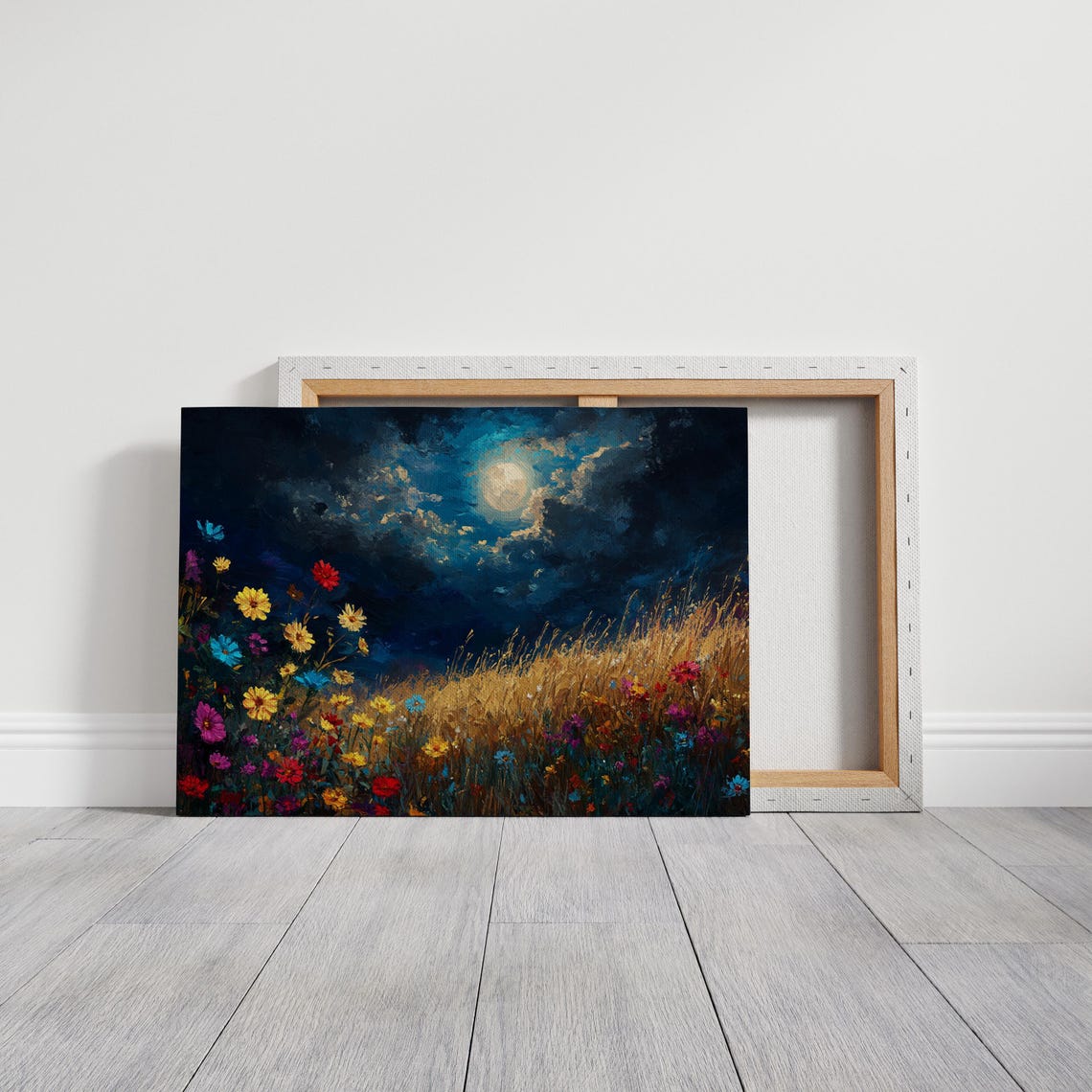 Moonlit Wildflower Meadow Night Sky Full Moon Colorful Oil Poster - Image 3