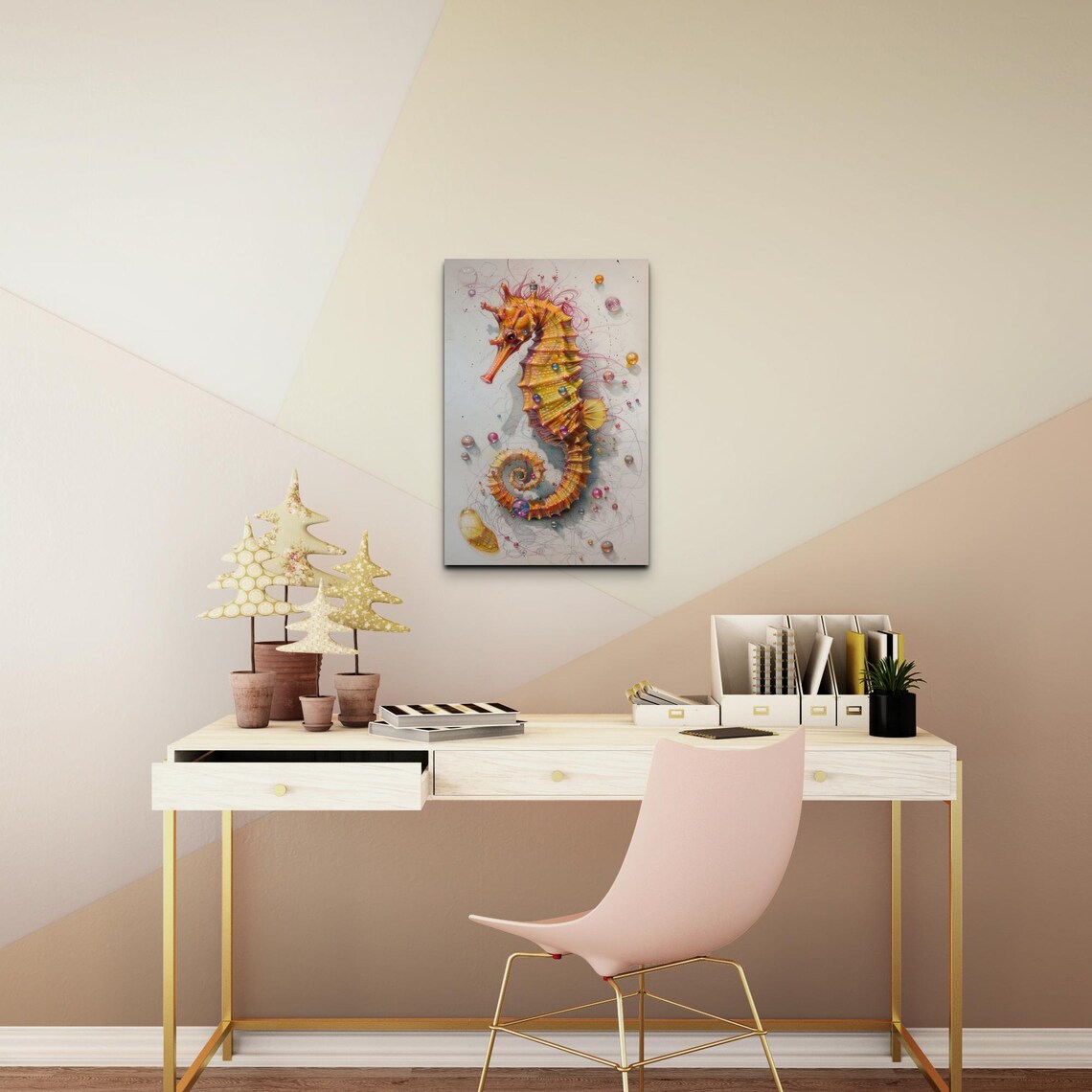 Golden Orange Seahorse Bubbles Watercolor Marine Life Art Poster - Image 7