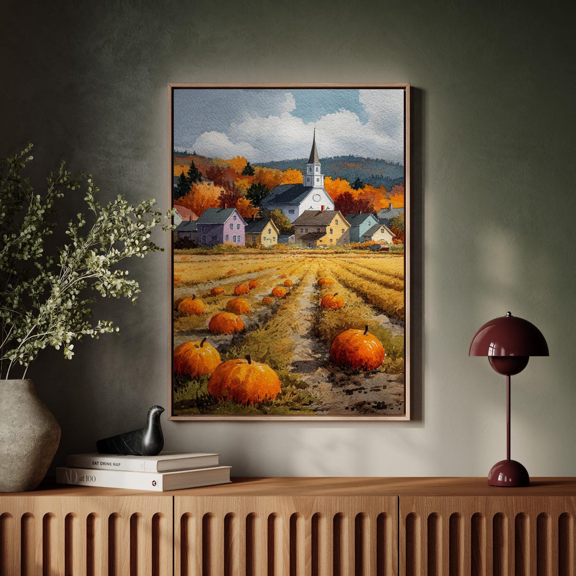 Pumpkin Field Village Painting Autumn Farmhouse Canvas Wall Art