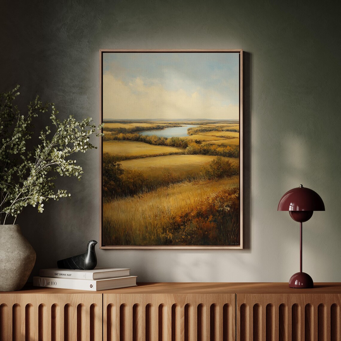 Golden Prairie River Landscape, Vintage Oil Painting - Image 4
