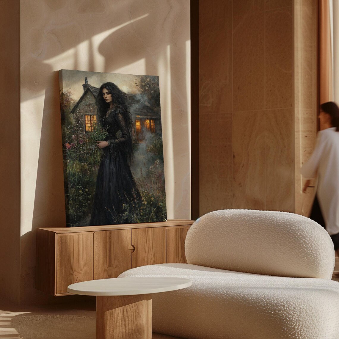 Mysterious Woman in Black Dress by a Glowing Cottage at Dusk Poster - Image 6