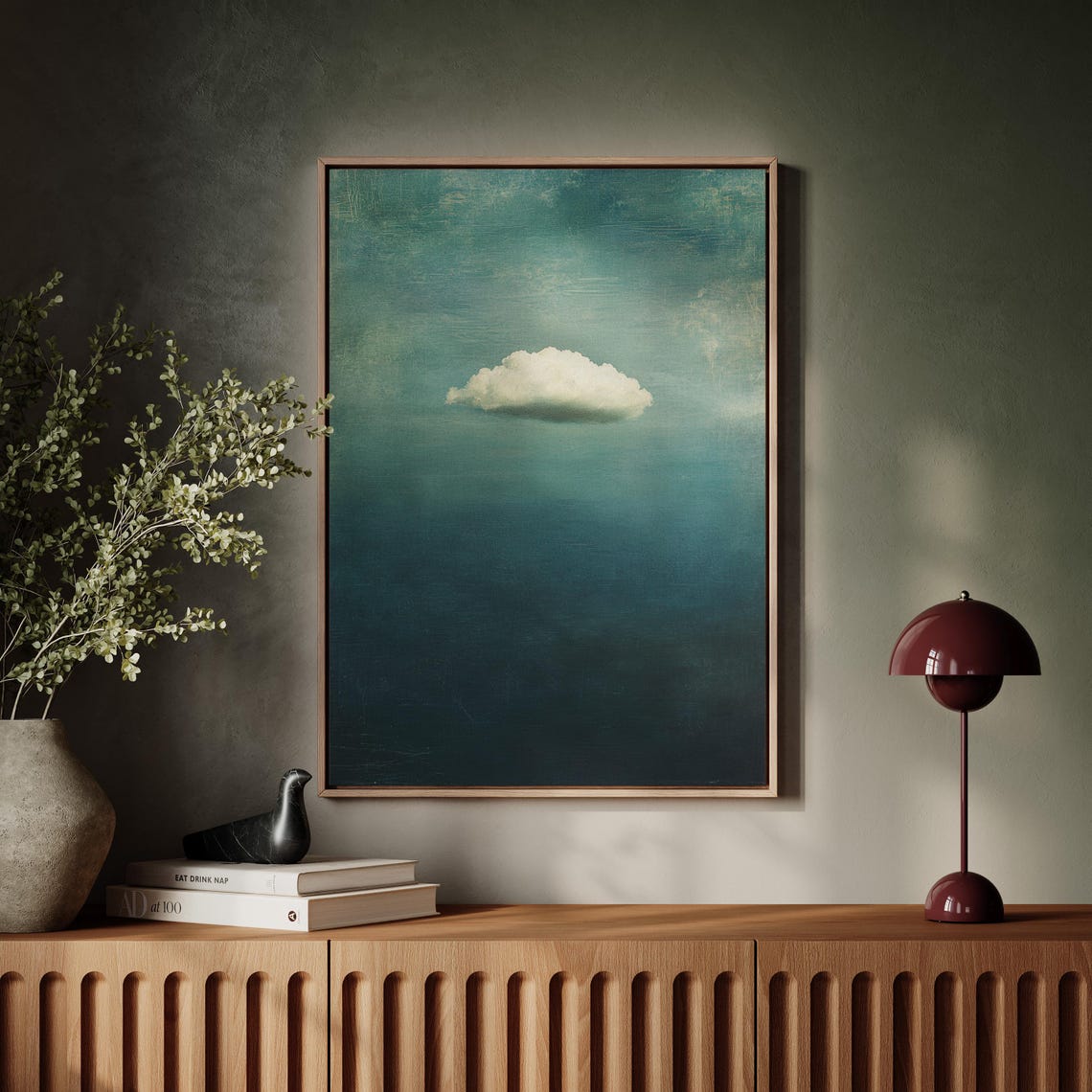 Lone White Cloud Floating Over Misty Blue Ocean Calm Wall Art - Image 4